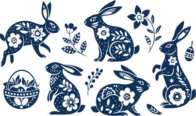Happy Easter, decorated easter card, banner. Bunnies, Easter eggs, flowers and basket. Folk style patterned design.