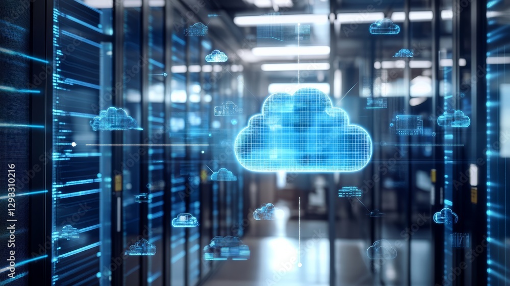 Poster a digital representation of cloud technology overlaid in a server room, symbolizing data storage and