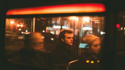 Naklejka premium Man on Night Bus Ride Through City Streets