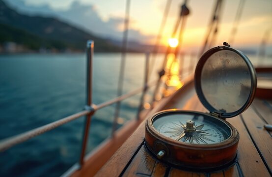 Vintage compass on wooden sailboat deck at sunset. Nautical navigation tool, sea exploration equipment. Marine travel adventure, yachting journey. Traditional seafaring vessel orientation, golden