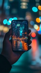 Hand holding phone displaying night city scene with bokeh lights