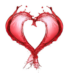 A wave of red wine with splashes in the shape of a heart. Symbolic, abstract, background, cut out.