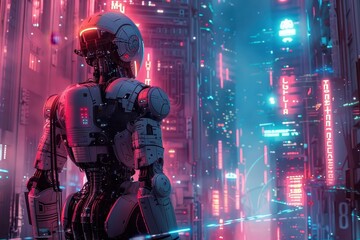 Evokes nostalgia for 1980s sci-fi aesthetics, with a focus on neon colors and retro-futuristic technology.