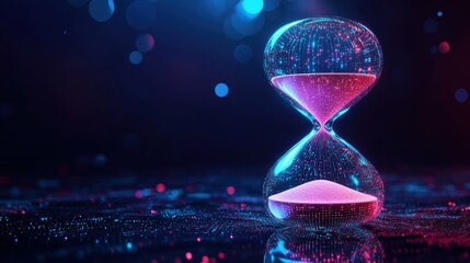 Glowing holographic hourglass with digital sand flowing, concept of time and technology, bright neon lights, focus on efficiency and innovation.