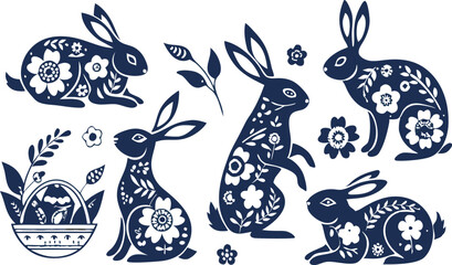Happy Easter, decorated easter card, banner. Bunnies, Easter eggs, flowers and basket. Folk style patterned design.