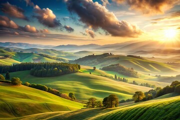 Serene Pastel Sky Over Rolling Hills - Whimsical Landscape Stock Photo