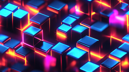 Dynamic 3D cubes with glowing neon lights create optical illusion