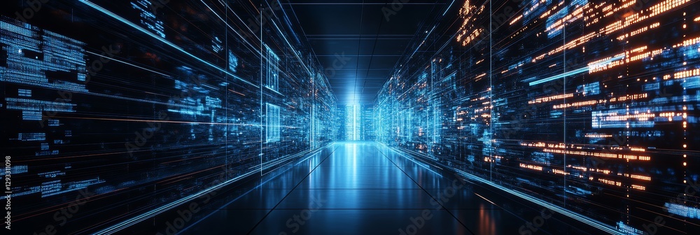 Poster a futuristic corridor illuminated by glowing blue and orange data streams, creating a high-tech, dig