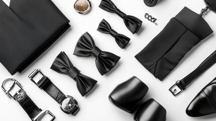 Elegant black tuxedo accessories arranged stylishly on white background