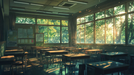 Sunlit classroom with empty desks and warm, melancholic atmosphere
