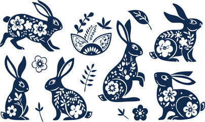 Happy Easter, decorated easter card, banner. Bunnies, Easter eggs, flowers and basket. Folk style patterned design.