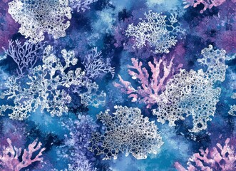 A seamless pattern of coral reef, a vibrant underwater scene in shades of blue and purple, featuring intricate lace patterns with delicate brushstrokes