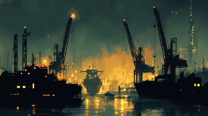 Obraz premium industrial harbor at night with cranes silhouetted against the lights of cargo ships