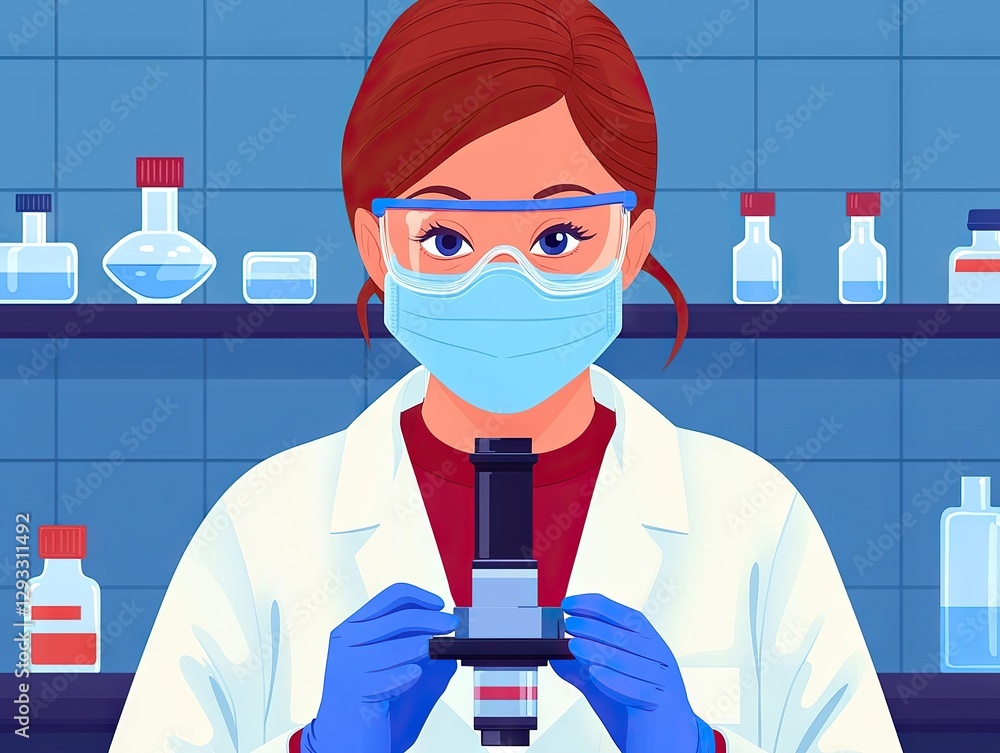 Poster research scientist using microscope in laboratory science experiment clean environment close-up view
