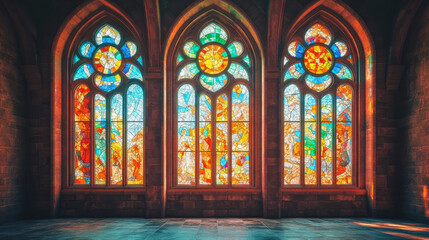 Fototapeta premium Cartoon stained glass windows, catholic church, medieval gothic interior or exterior architecture design elements of rectangular and arched shapes. Antique facade construction Vector illustration set