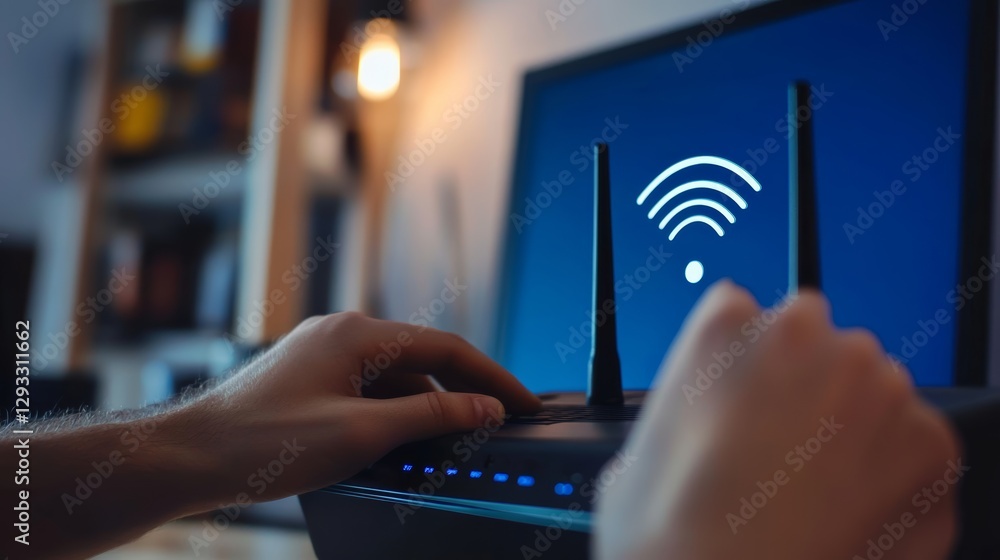 Poster a person adjusts a wi-fi router while looking at a screen displaying a wireless signal icon.