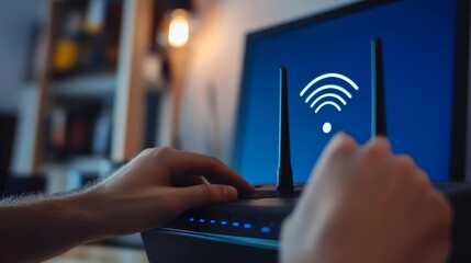 A person adjusts a Wi-Fi router while looking at a screen displaying a wireless signal icon.