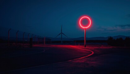Red neon ring illuminates a deserted road at night