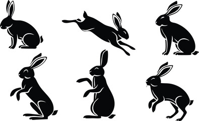 Easter bunny silhouettes, rabbit clip art set, isolated decorative elements for the holidays
