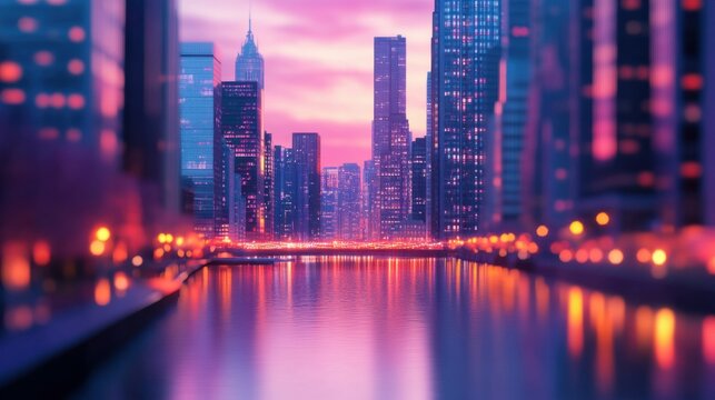 close-up of urban landscape at twilight, skyscrapers reflecting hues of pink and purple, calm river below, peaceful and serene city vibe