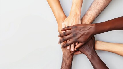 Fototapeta premium Diverse hands joining together in unity, symbolizing collaboration, support, and community across different backgrounds.