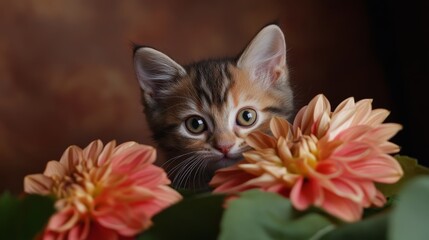 Fototapeta premium Curious Kitten Behind Peach Dahlias 
