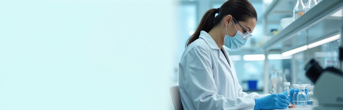 Female scientist works on vaccine in scientific research lab. Genetic engineer workplace. Woman in protective gloves, lab coat and face mask. Tech and science concept. Stop COVID-19. - Powered by Adobe