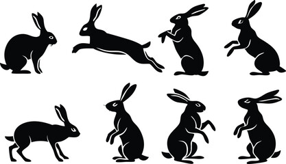 Easter bunny silhouettes, rabbit clip art set, isolated decorative elements for the holidays
