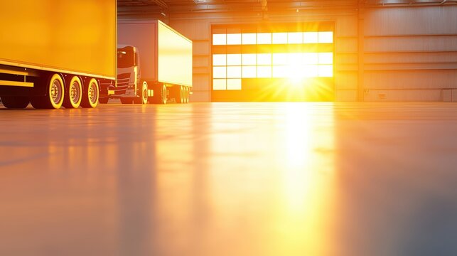 A vibrant sunset illuminates a spacious warehouse, highlighting parked trucks and reflecting on the smooth floor.cargo management warehouse scheduling