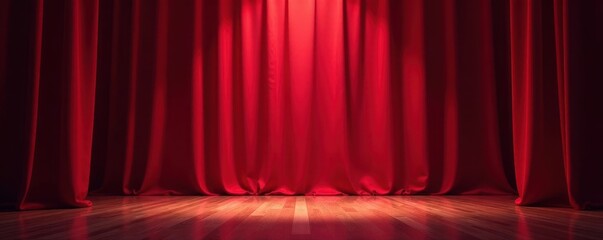 Fototapeta premium Deep red theatrical drapes, focused spotlight, empty stage , simple, show, panorama