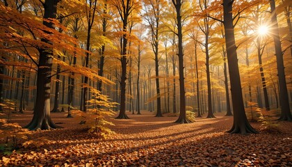  A vibrant forest in the fall with warm golden light and falling leaves