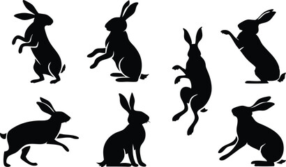 Easter bunny silhouettes, rabbit clip art set, isolated decorative elements for the holidays
