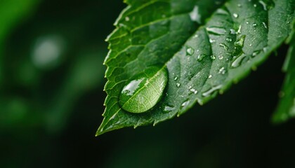 Water droplet on a vibrant green leaf in a dark, lush garden