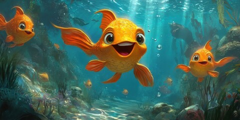 Fototapeta premium Talking Fish. Cartoon Marine Life with Happy Expression Underwater