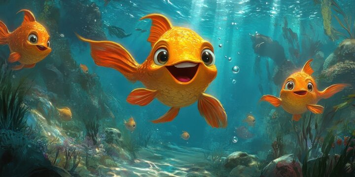 Talking Fish. Cartoon Marine Life with Happy Expression Underwater