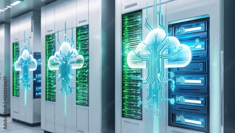 Poster high-tech server room filled with racks of servers and networking equipment in a modern office envir