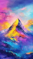 Abstract painting of a mountain glowing with vibrant colors, modern and creative artistic style, isolated with a clean background for artistic rendering.