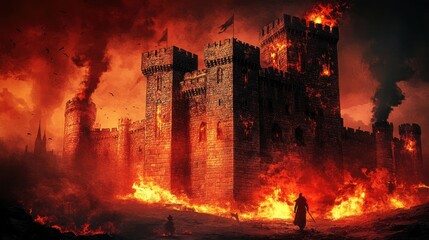 Naklejka premium Burning ancient castle illuminated by glowing embers under a dark red sky, symbolizing destruction and chaos, shadows of fleeing figures