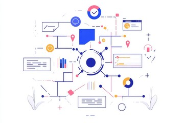 A modern vector design illustrating a cyclic workflow process with interconnected icons representing different phases of project management.