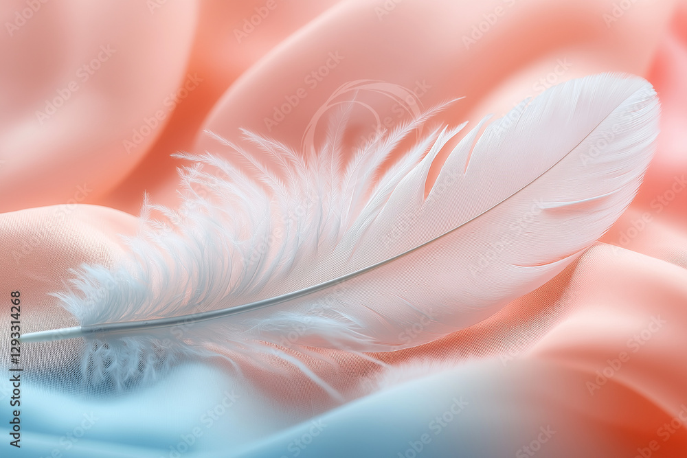 Poster a single white feather resting on soft linen fabric with pastel pink and light blue hues in the back