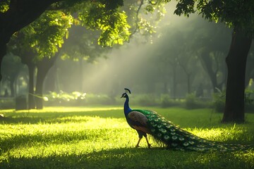 Colorful peacocks strolling on the grassland © ZM 