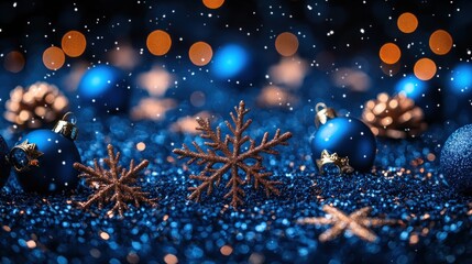 Festive Christmas decorations on blue glitter background with bokeh lights