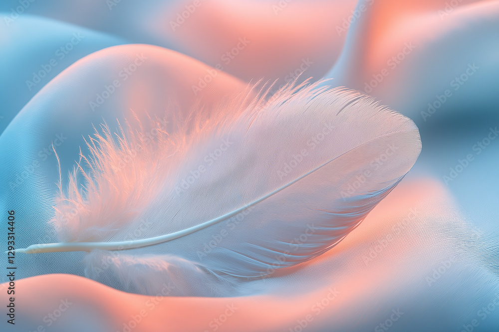 Poster a single white feather resting on soft linen fabric with pastel pink and light blue hues in the back