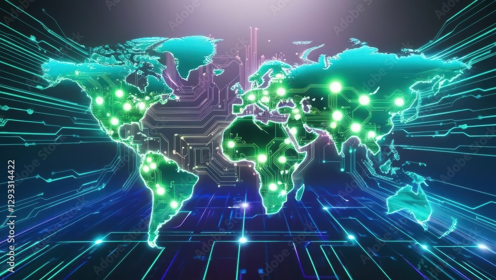 Poster world map with glowing green and blue lines demonstrating global connections and data flow