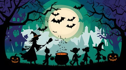 Halloween Trick-or-Treating Scene with Witch and Children.