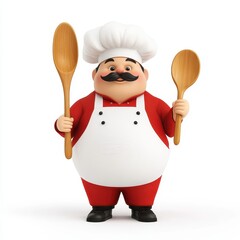 A cheerful cartoon chef holds wooden spoons, wearing a white apron and chef's hat, embodying a passion for cooking and culinary fun.