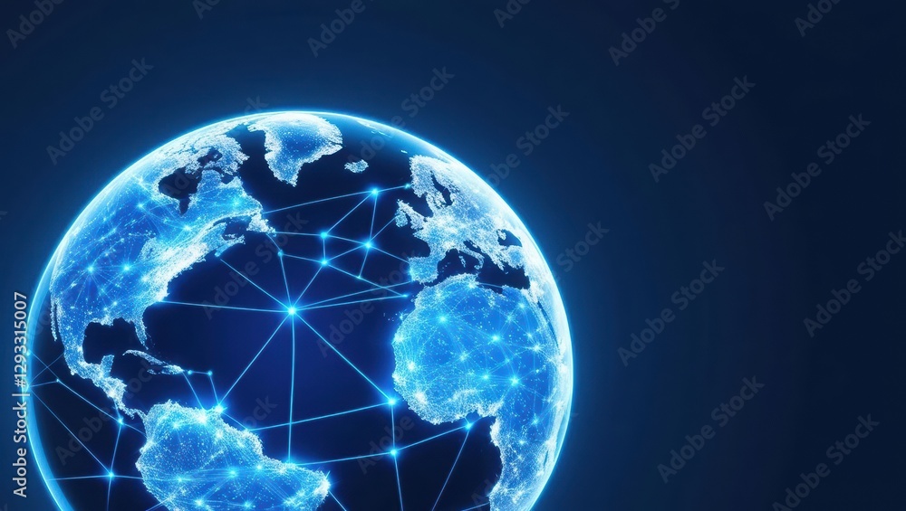 Poster earth surrounded by a dynamic network of connected lines representing global digital communication