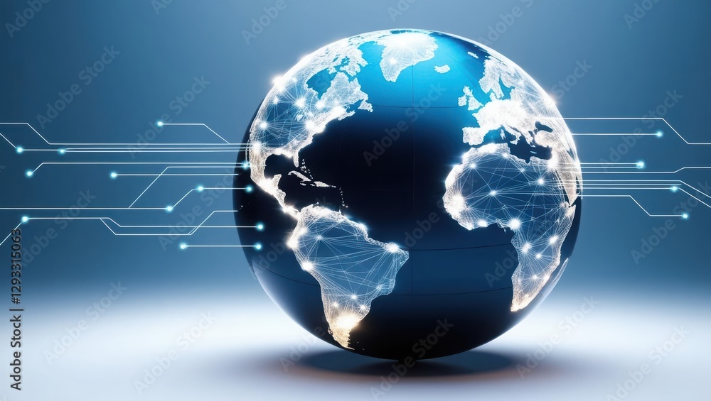 Poster globe featuring a complex network of interconnected lines symbolizing global interaction and data