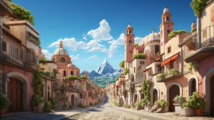 Colorful Cartoon Style Village Scene with Mountains and Clear Sky