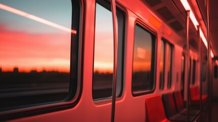 Fototapeta premium Modern train interior at sunset with city view
